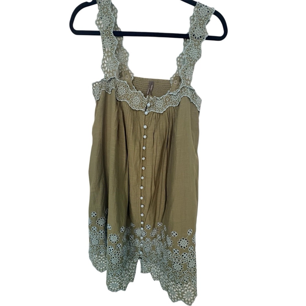 Anthropologie Sleeveless Embroidered Swing Mini Dress XS Green Cotton